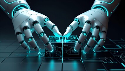 Futuristic Robotic Hands Assembling Digital Circuitry