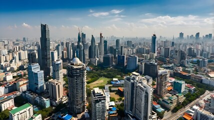 Fototapeta premium Aerial view of skyline Bangkok city, Thailand with blue sky.
