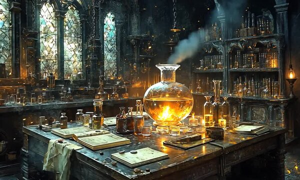 Enchanted alchemy lab with glowing potions, intricate shelves, and mystical atmosphere
