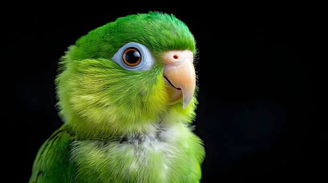 Vibrant green parrotlet with a distinctive blue eye ring looks curious during a studio portrait session against a black background.