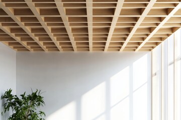 Obraz premium Modern wood ceiling, bright room, sunlight, minimalist design, interior