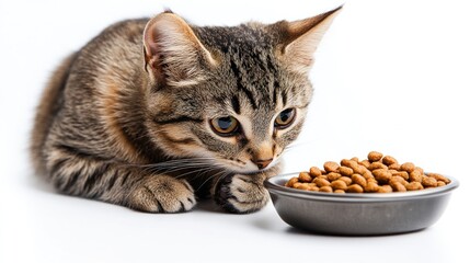 Tabby cat looking at food bowl on white background