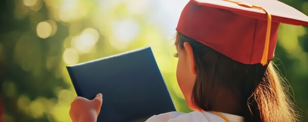 Young girl in graduation cap holding diploma outdoors in sunlit garden