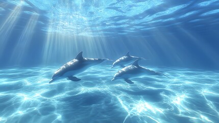 Fototapeta premium Three dolphins swimming gracefully in a sunlit underwater scene.