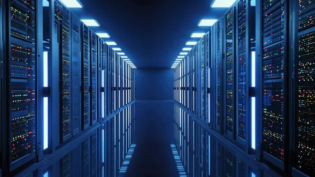 Futuristic server room with glowing blue LED lights and rows of high-tech racks. A modern data center symbolizing technology and cloud computing