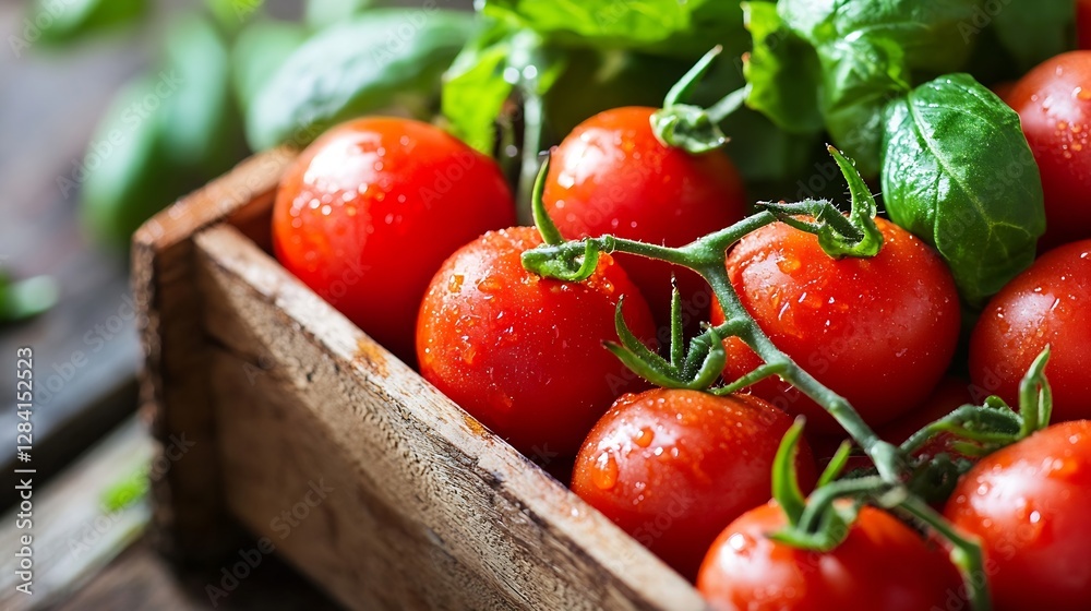 Aufkleber fresh ripe cherry tomatoes with green basil leaves on a rustic wooden table : generative ai