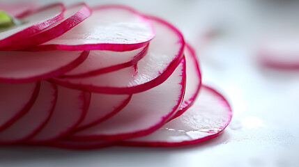Vibrant radish slices stacked, displaying their bright pink edges and translucent texture.  A refreshing garnish.