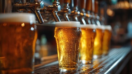 Taproom beer pouring, multiple glasses, bar counter, blurred background