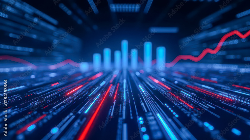 Poster Futuristic Data Visualization with Dynamic Light Trails and Graphs Representing Digital Information Flow in Abstract Space