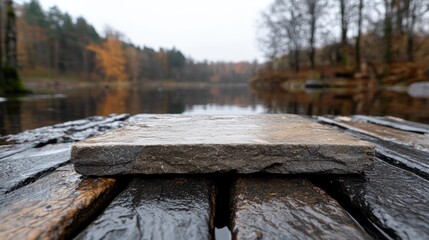 Obraz premium Stone slab on wet dock, autumn forest lake. Product display