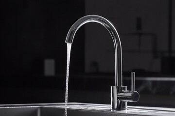 The faucet with water flowing from the left to the right side is made of stainless steel and has an elegant curved shape, suitable for use in various rooms such as the kitchen and bathroom. A straight