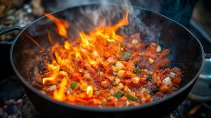 Delicious Spicy Vegetable Stew Cooking in Cast Iron Pan on Open Fire Flames Intense Heat Outdoor Cooking Campfire Recipe Food Photography Red Meal    