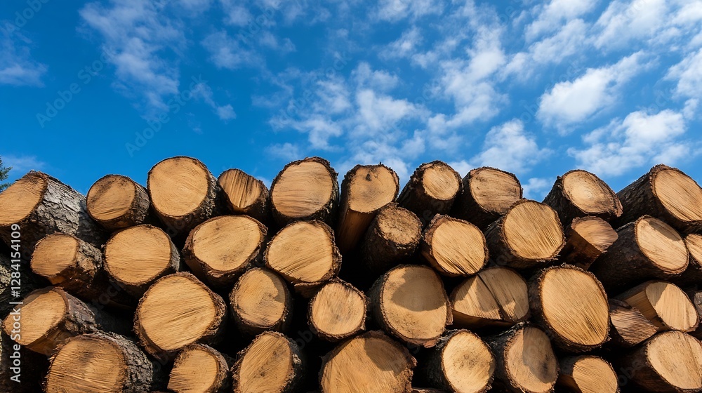 Poster neatly stacked logs against a bright blue sky showcasing natural wood textures and patterns : genera