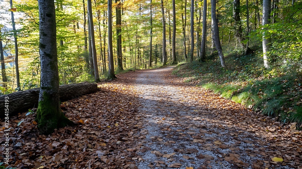 Poster serene autumn pathway covered with colorful leaves inviting a peaceful stroll through nature : gener