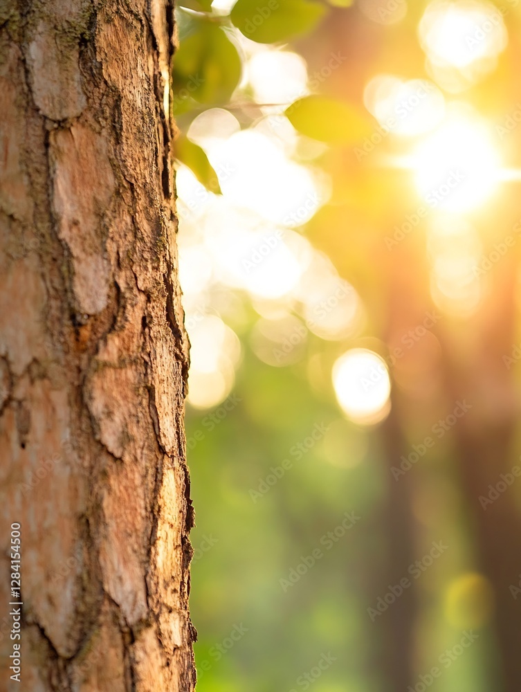 Poster Sunlight filtering through leaves illuminating a textured tree trunk in a serene forest environment : Generative AI
