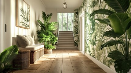 A hallway with green, leafy wallpaper, wooden floors, and plants