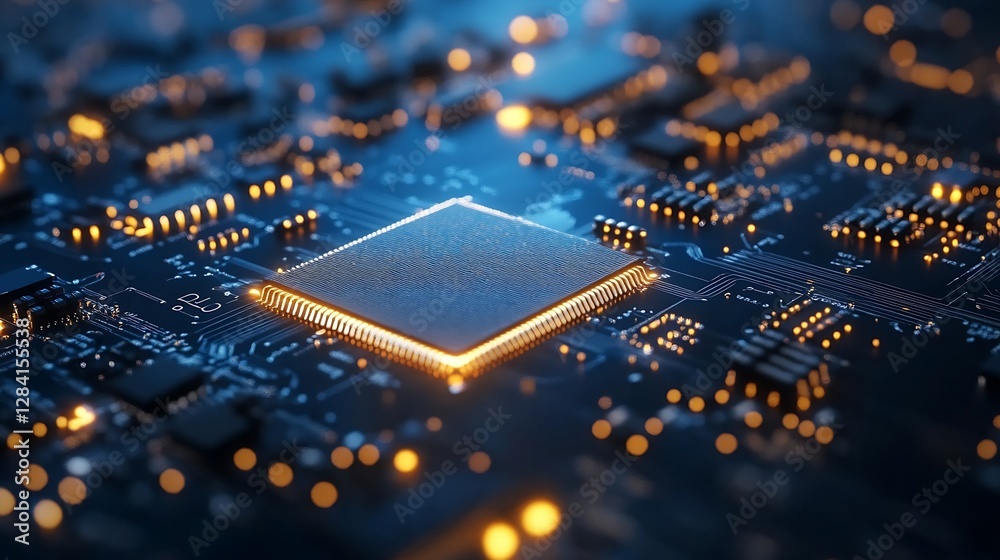 Poster Closeup view of a modern microprocessor on a futuristic circuit board : Generative AI