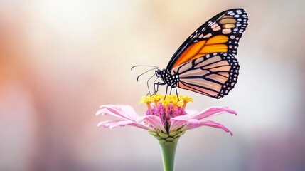 Fototapeta premium A butterfly is sitting on a pink flower. The butterfly is orange and black. The flower is pink and has a green stem. The image has a peaceful and calming mood