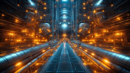 Obraz premium Futuristic industrial corridor with glowing pipes and metallic structures.