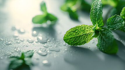 Fresh mint leaves sparkle with water droplets, a vibrant green herb in a clean, bright setting.