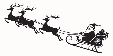 Santa Claus Sleigh with Reindeer Silhouette Vector