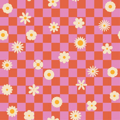 Seamless retro groovy checkered pattern with floral elements. Simple 1970s-style flowers in a doodle vector design. Perfect for fabric, wrapping paper, wallpaper, and fashion prints.	