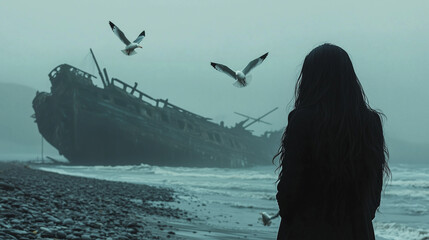 Mysterious woman standing on a foggy beach with an abandoned shipwreck – haunting cinematic scene for horror, mystery, and dramatic storytelling