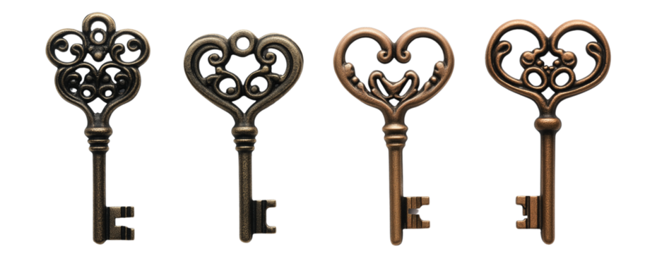  A set of four heart-shaped vintage keys isolated on transparent background PNG 