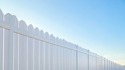 White Picket Fence Against a Clear Blue Sky Beautiful Outdoor Scene Perfect for Real Estate Photography or Home Improvement Projects Clean Lines      