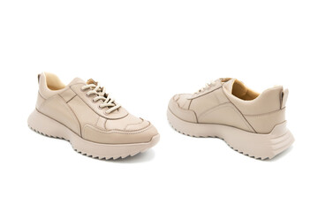 Sneakers. Fashionable leather lace-up boots isolated on white background. View from all sides.	