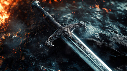 Epic sword engulfed in flames – dramatic fantasy battle scene for book covers, game design, and heroic storytelling
