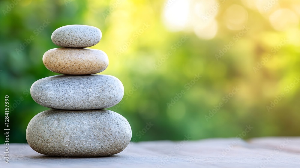 Poster Serene stack of smooth natural stones symbolizing balance and tranquility in a peaceful outdoor setting : Generative AI