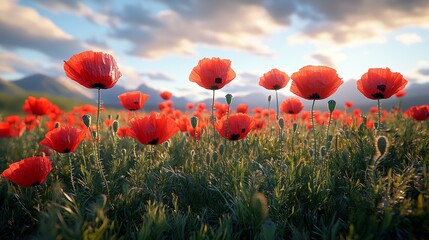 Obraz premium Vibrant poppy field blooms mountain range nature photography sunny day wide-angle view natural beauty