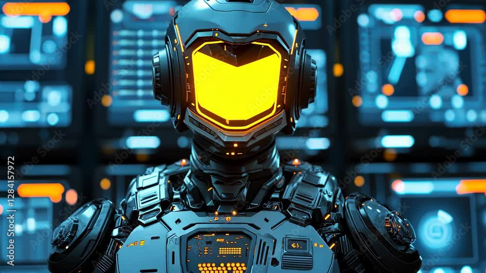 Poster futuristic robot with illuminated features stands in a high tech control room surrounded by screens,