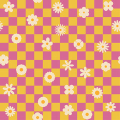 Seamless retro groovy checkered pattern with floral elements. Simple 1970s-style flowers in a doodle vector design. Perfect for fabric, wrapping paper, wallpaper, and fashion prints.	