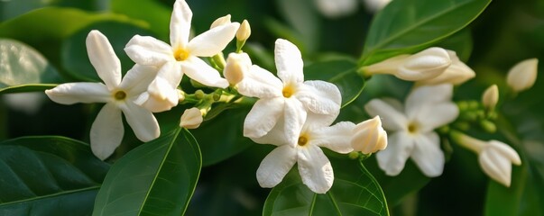 Obraz premium White jasmine flowers blooming among lush green leaves in natural sunlight