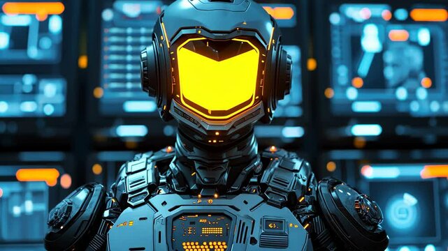 Futuristic robot with illuminated features stands in a high tech control room surrounded by screens, Futuristic robot with illuminated parts in front of control panel screens