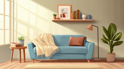 Cozy living room interior with blue sofa and warm decor