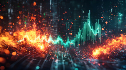 holographic stock chart with dual explosions, one side rising in green flames and the other falling in red sparks 