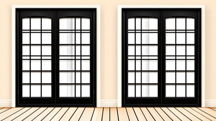 Interior Featuring Two Black Framed Sliding Windows with Cream Walls and a Wood Floor