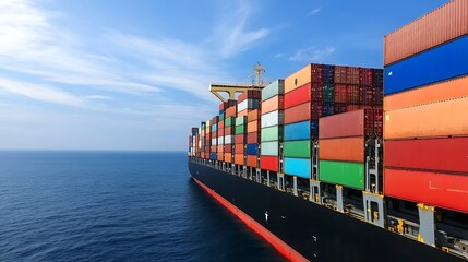 Colorful shipping containers stacked on a cargo ship navigating the calm ocean waters : Generative AI