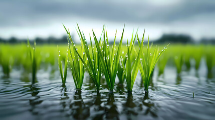 Fototapeta premium close up stream of fresh water with young green plants in a field