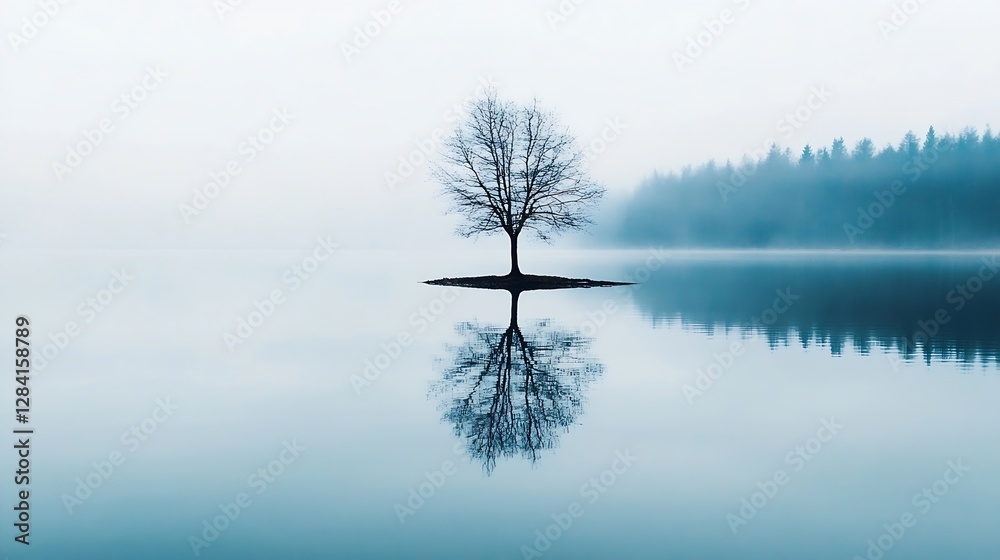 Poster Lone tree standing on a small island in a serene lake with mist reflecting in the calm water : Generative AI