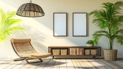 Sunlit Interior Scene with Patterned Chair Cabinet and Framed Art on Neutral Wall