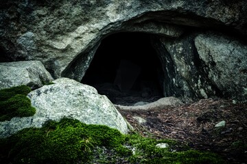 Cave Entrance Surrounded by Rocks and Green Moss in Natural Setting