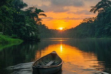 Sunset over a tranquil river with a wooden canoe in a lush jungle landscape