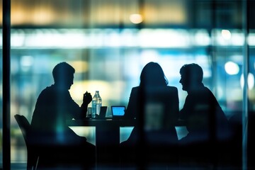 Night office meeting silhouettes