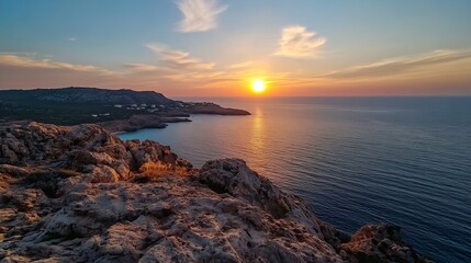 Breathtaking sunset reflecting over calm ocean water with rocky foreground : Generative AI