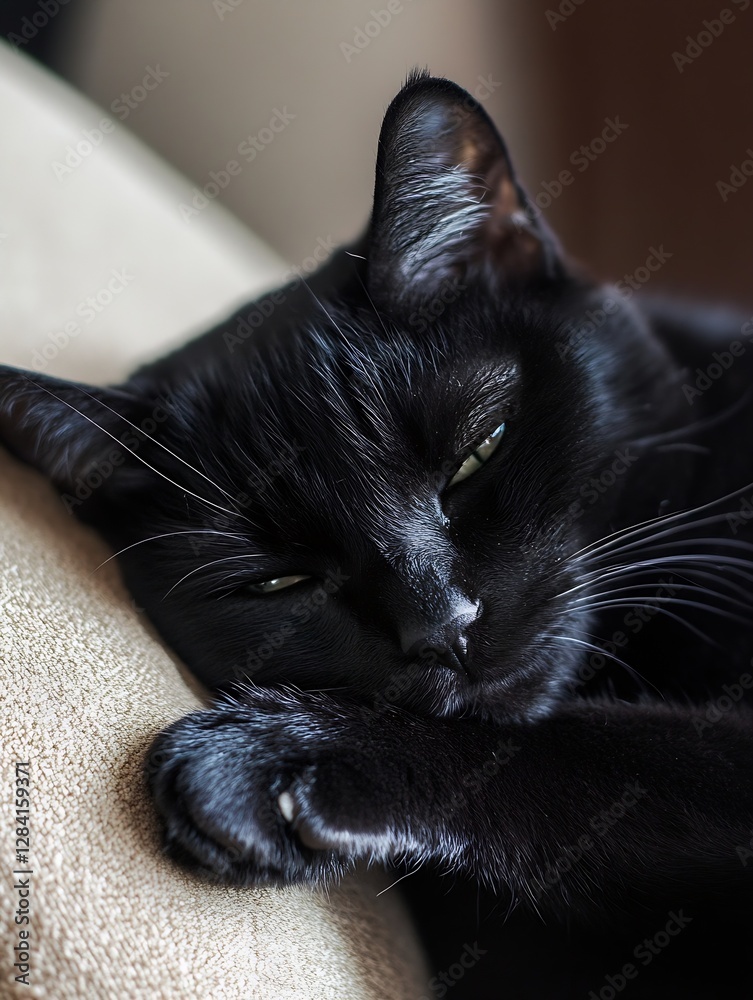 Poster closeup portrait of a sleeping black cat resting comfortably on a couch : generative ai