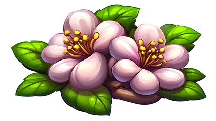 Illustration of Pale Pink Blossoms with Yellow Stamens and Green Leaves Illustration
